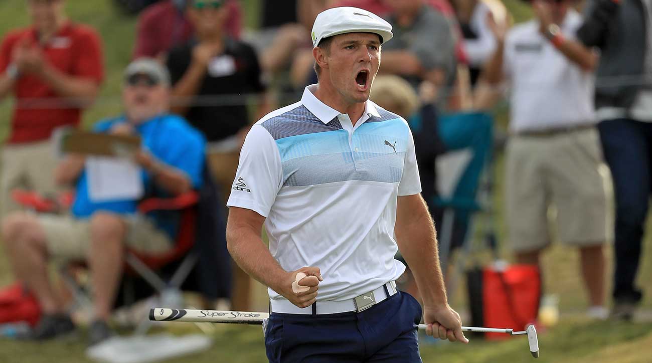 Bryson DeChambeau celebrates his eagle on the 16th hole.