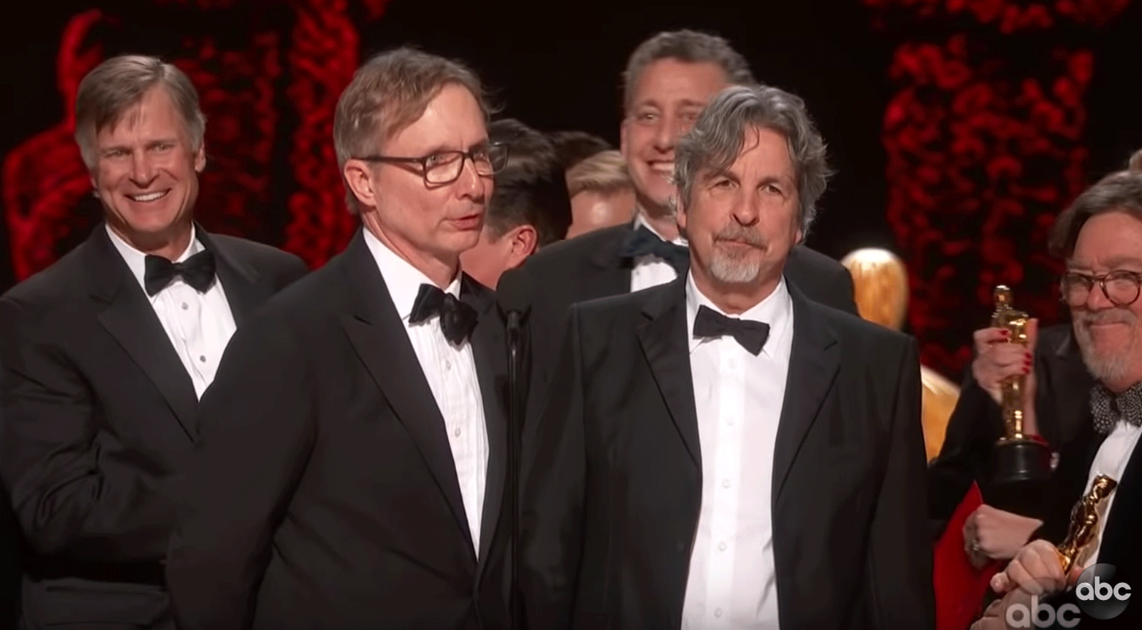 Ted Virtue, far left, was part of the Green Brook team that accepted the Academy Award for Best Picture.