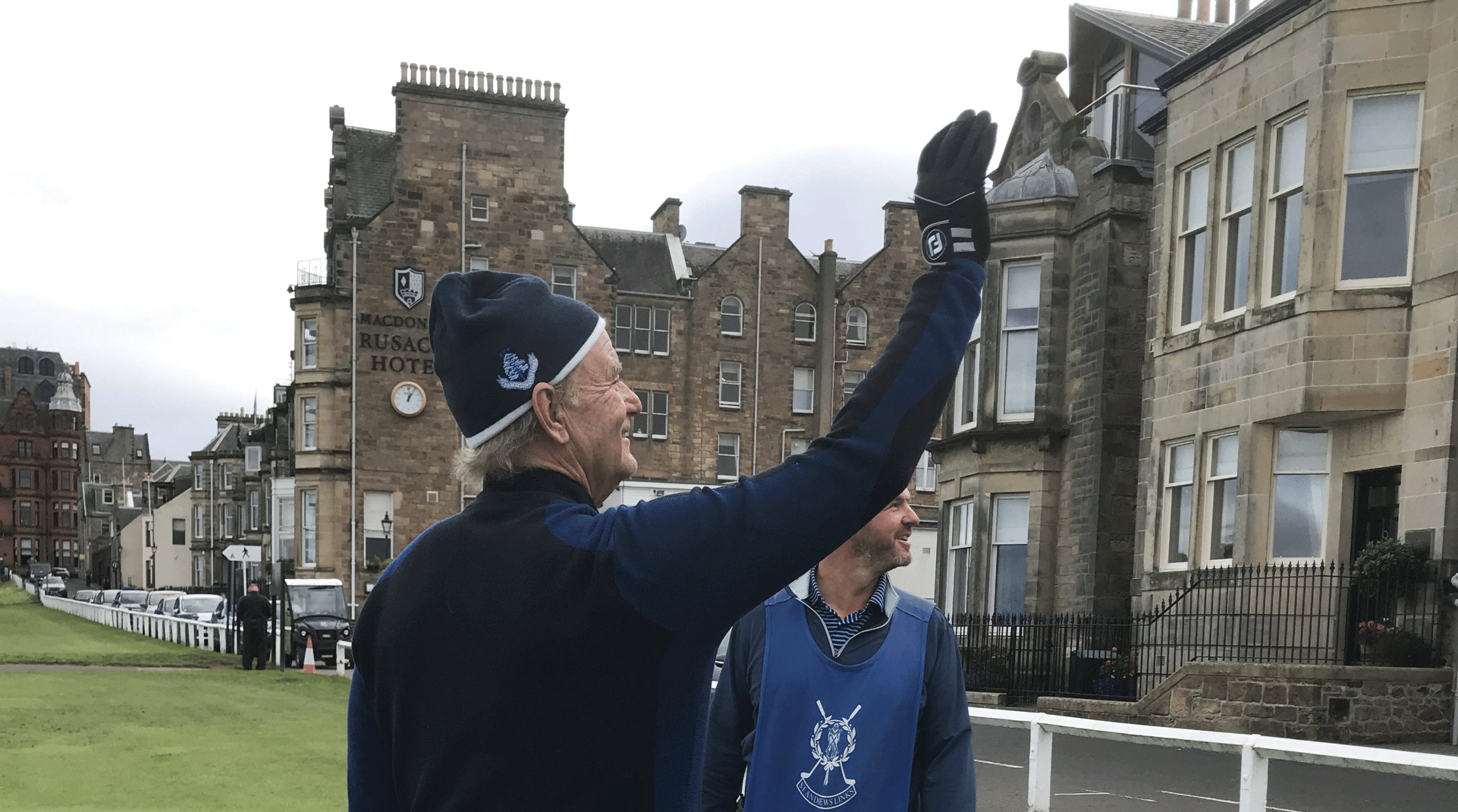 Bill gives thanks for his fortunate bounce.