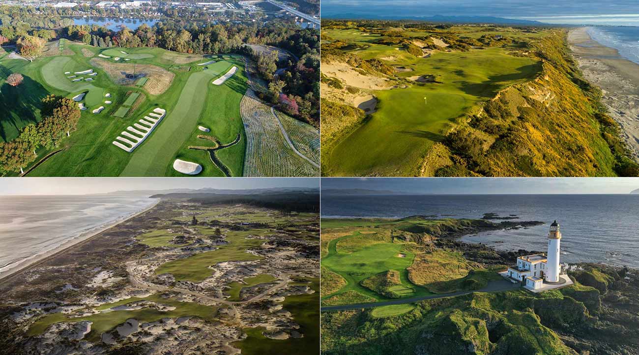 A look at four courses on GOLF's Top 100 Course in the World list, from top right, clockwise: Pacific Dunes (24th), Trump Turnberry, Ailsa (17th), Tara Iti (27th) and Oakmont (No. 8).
