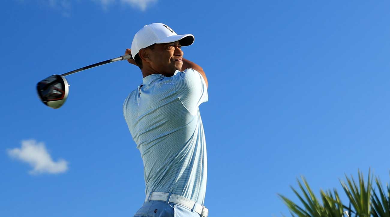 Tiger Woods tees off during a practice round at the 2019 Hero World Challenge