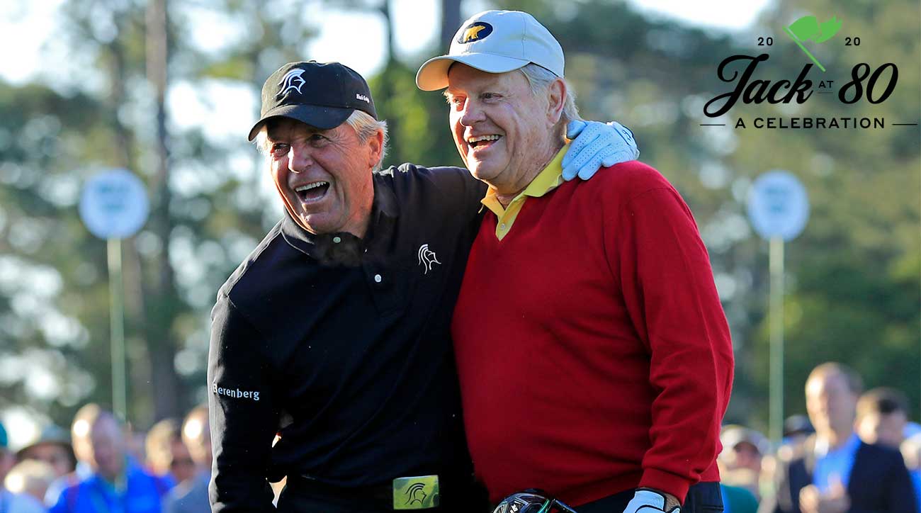 Gary Player and Jack Nicklaus share a laugh while kicking off the 2018 Masters.