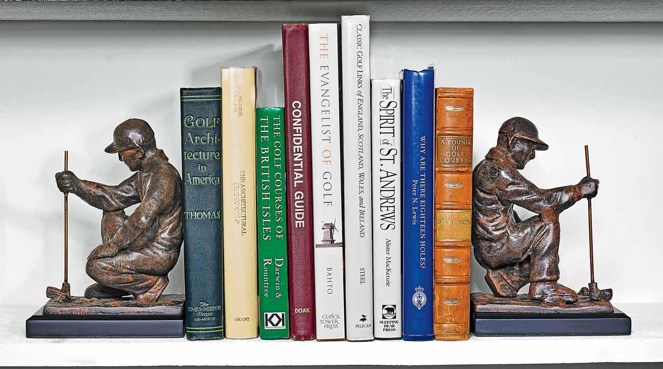 Golf books on bookshelf
