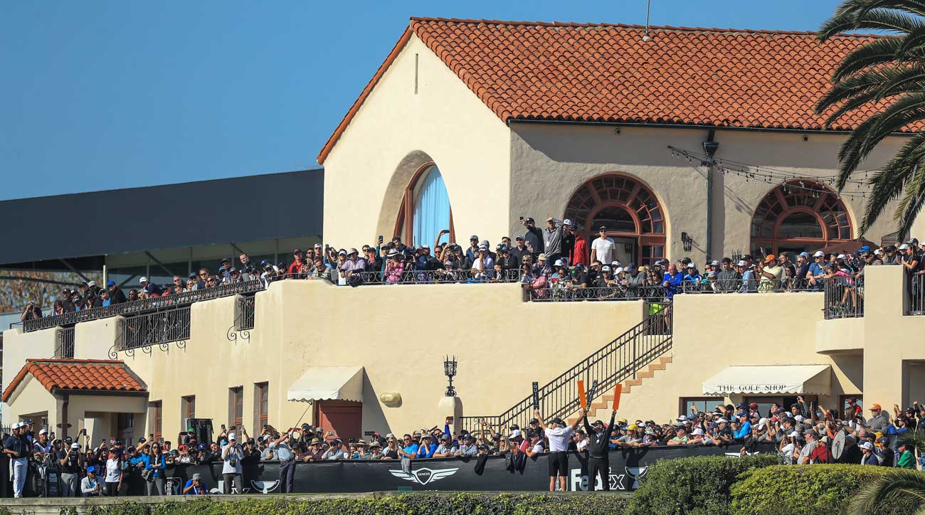 Rory McIlroy tees off the first hole at Riviera Country Club Saturday morning.