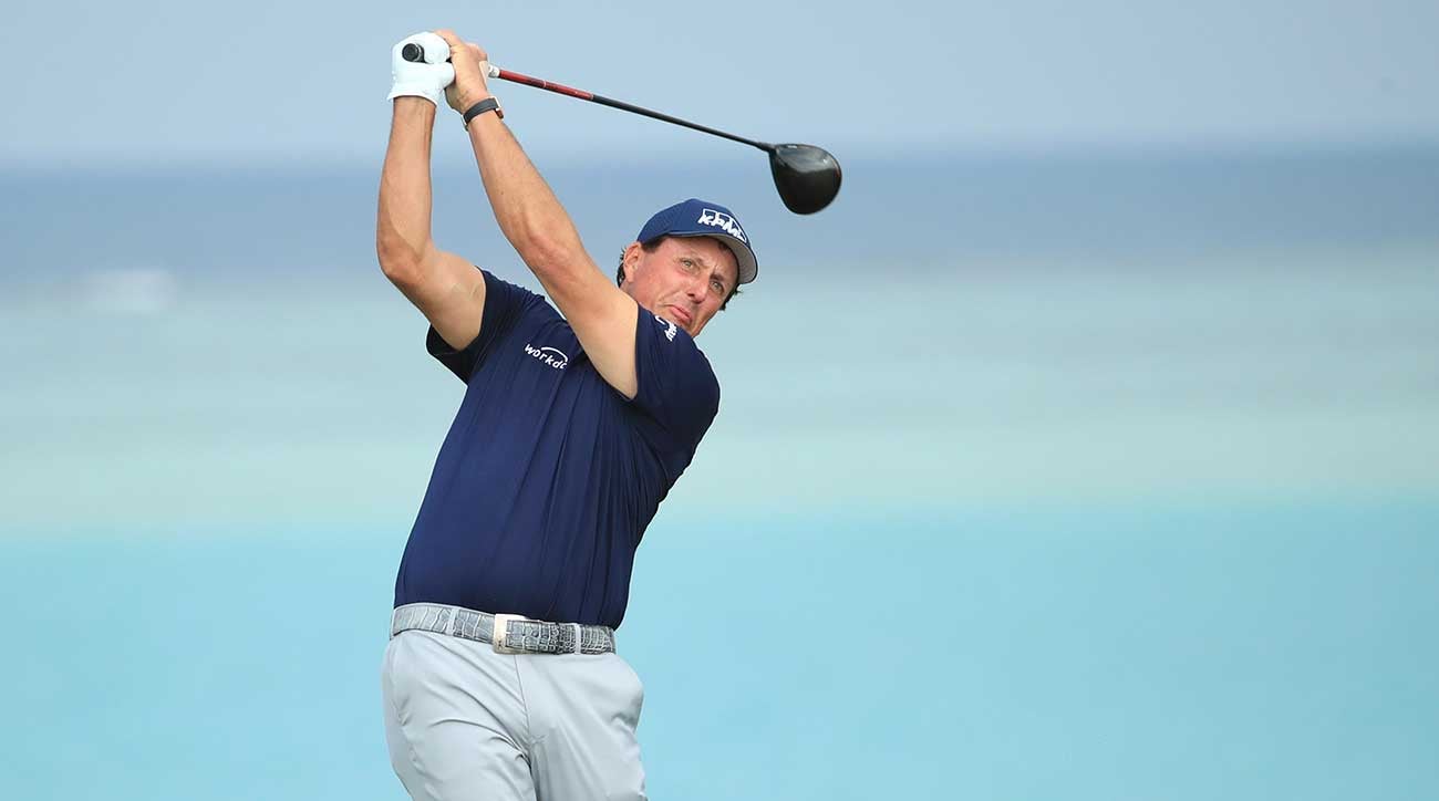 Phil Mickelson watches a tee shot at the Saudi International..
