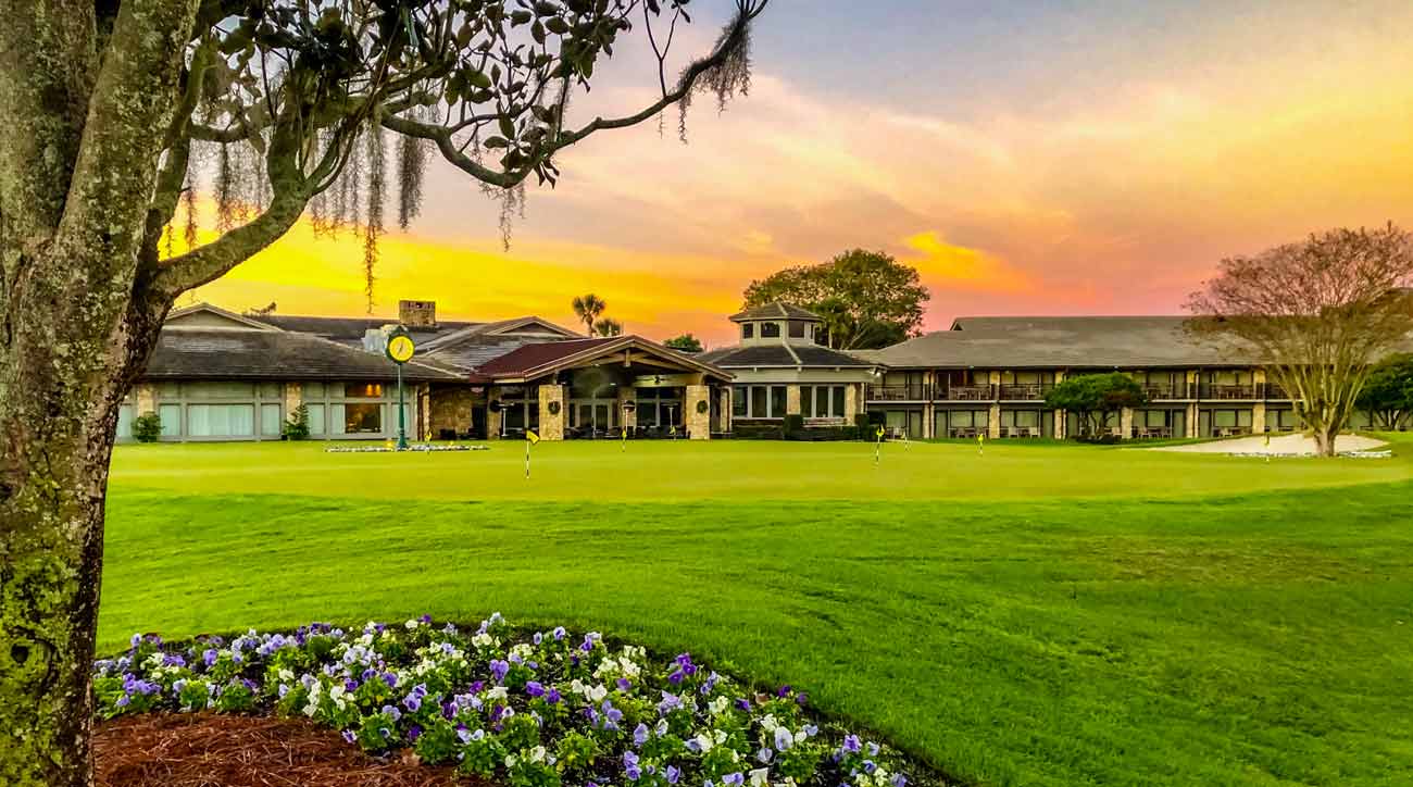 A view of the Bay Hill Lodge at sunset