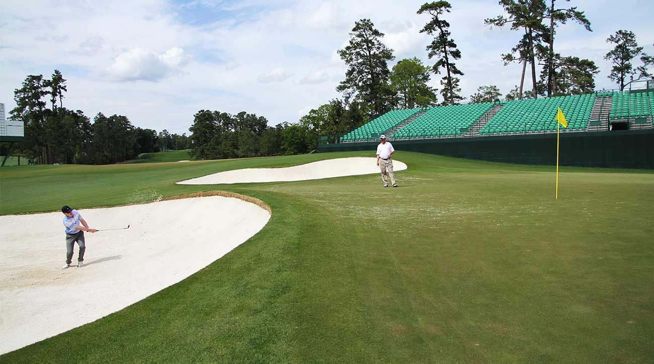 Josh Berhow blasts out of the bunker on the 17th hole. (This shot did not end well.)