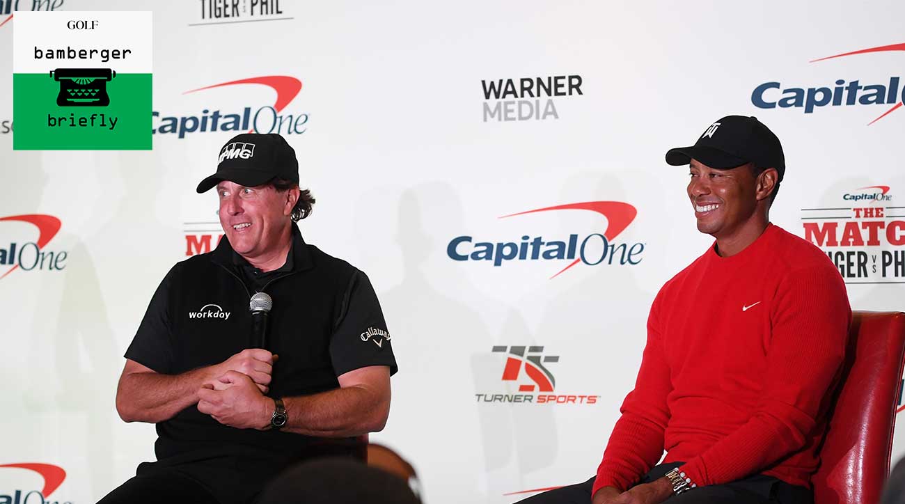 Tiger Woods and Phil Mickelson speak to the media prior to their showdown in 2018.
