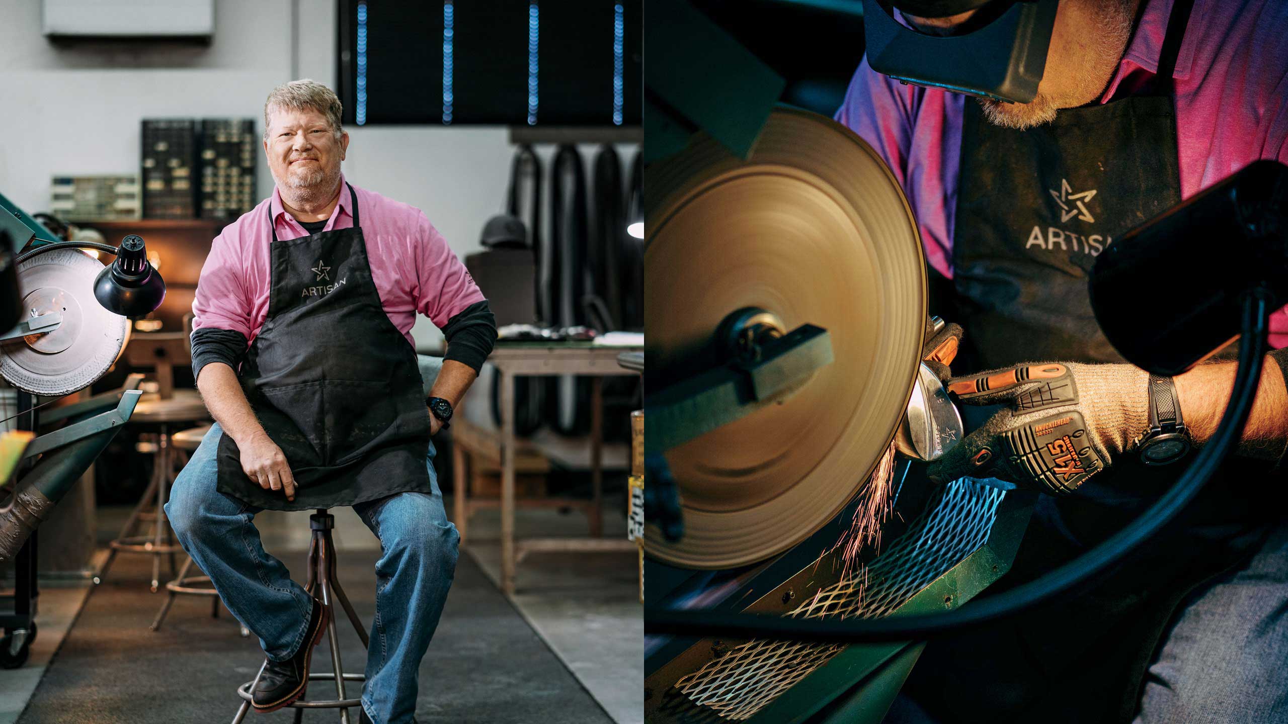 Golf club builder Mike Taylor sits in workshop