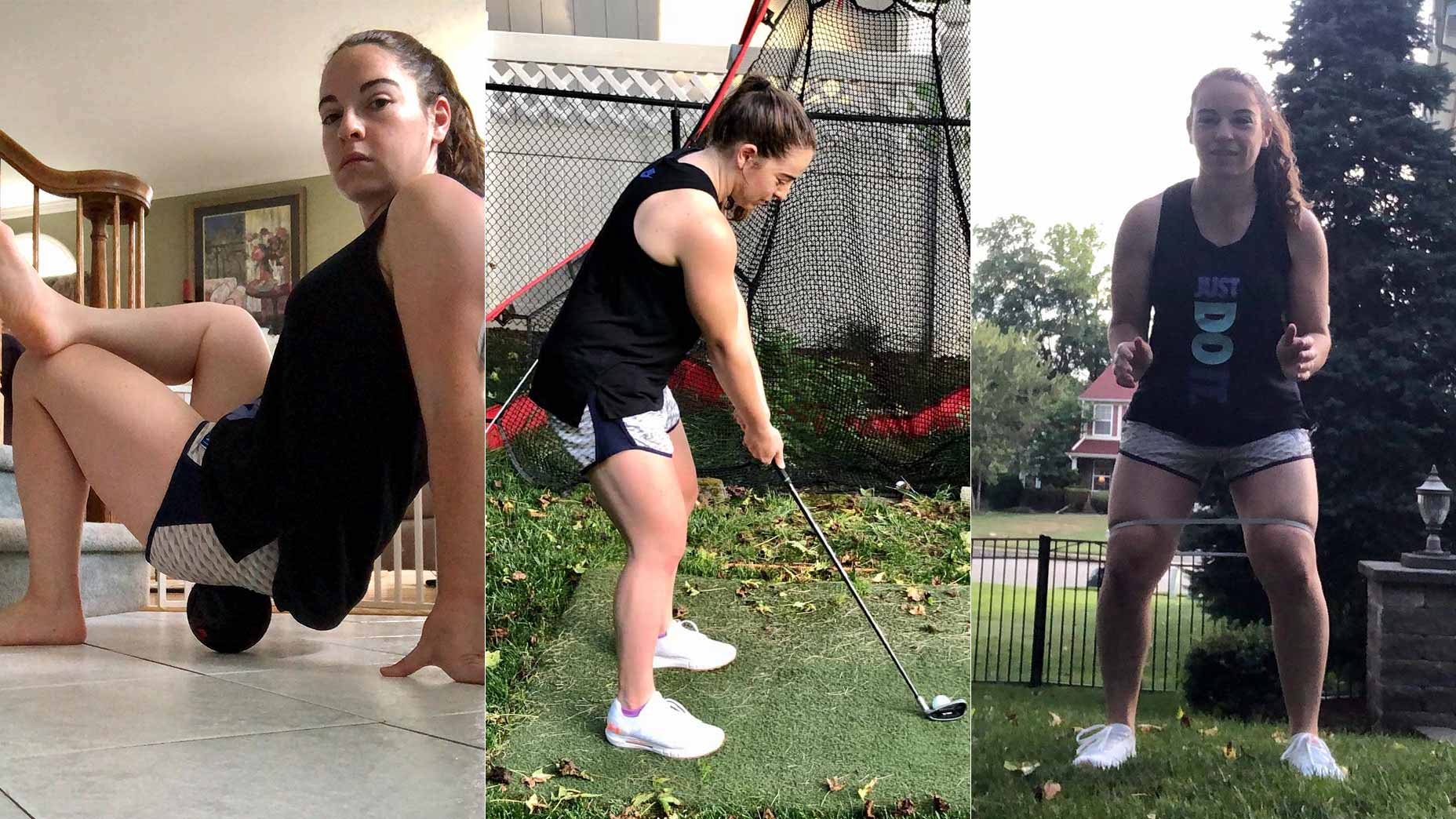 A girl performs fitness exercises for the TB12 Return to Golf program.