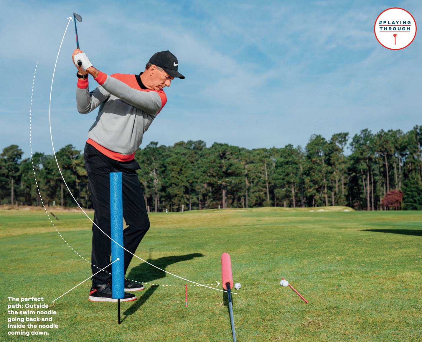 man uses pool noodle as swing aid