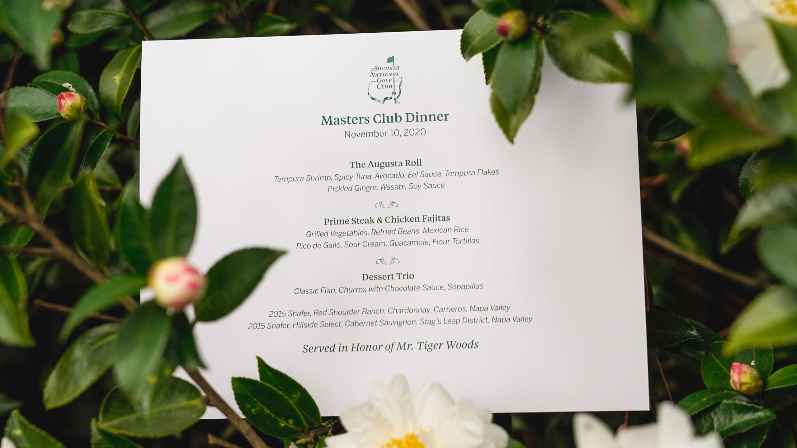 tiger woods champions dinner menu