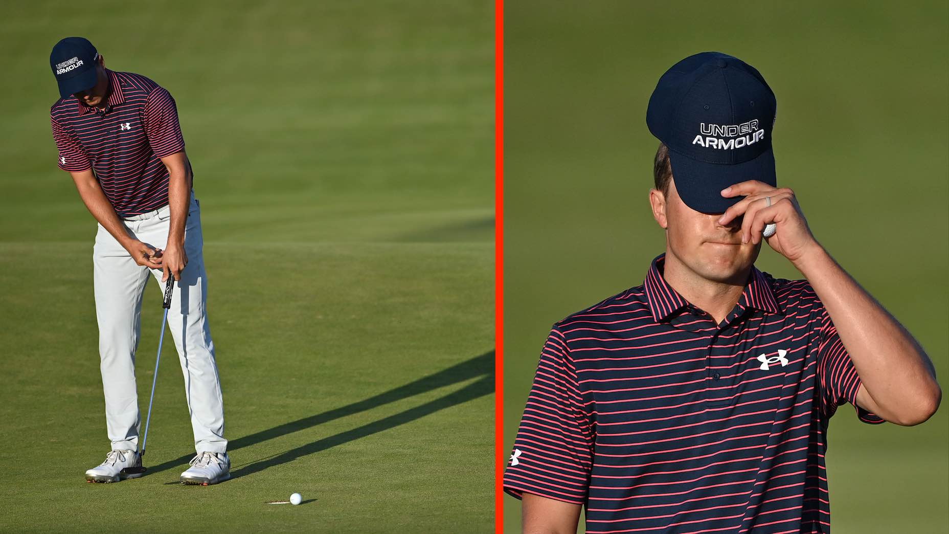US golfer Jordan Spieth reacts after dropping a shot on the 18th during his third round on day 3 of The 149th British Open Golf Championship at Royal St George's, Sandwich in south-east England on July 17, 2021. - RESTRICTED TO EDITORIAL USE (Photo by Paul ELLIS / AFP) / RESTRICTED TO EDITORIAL USE (Photo by PAUL ELLIS/AFP via Getty Images)