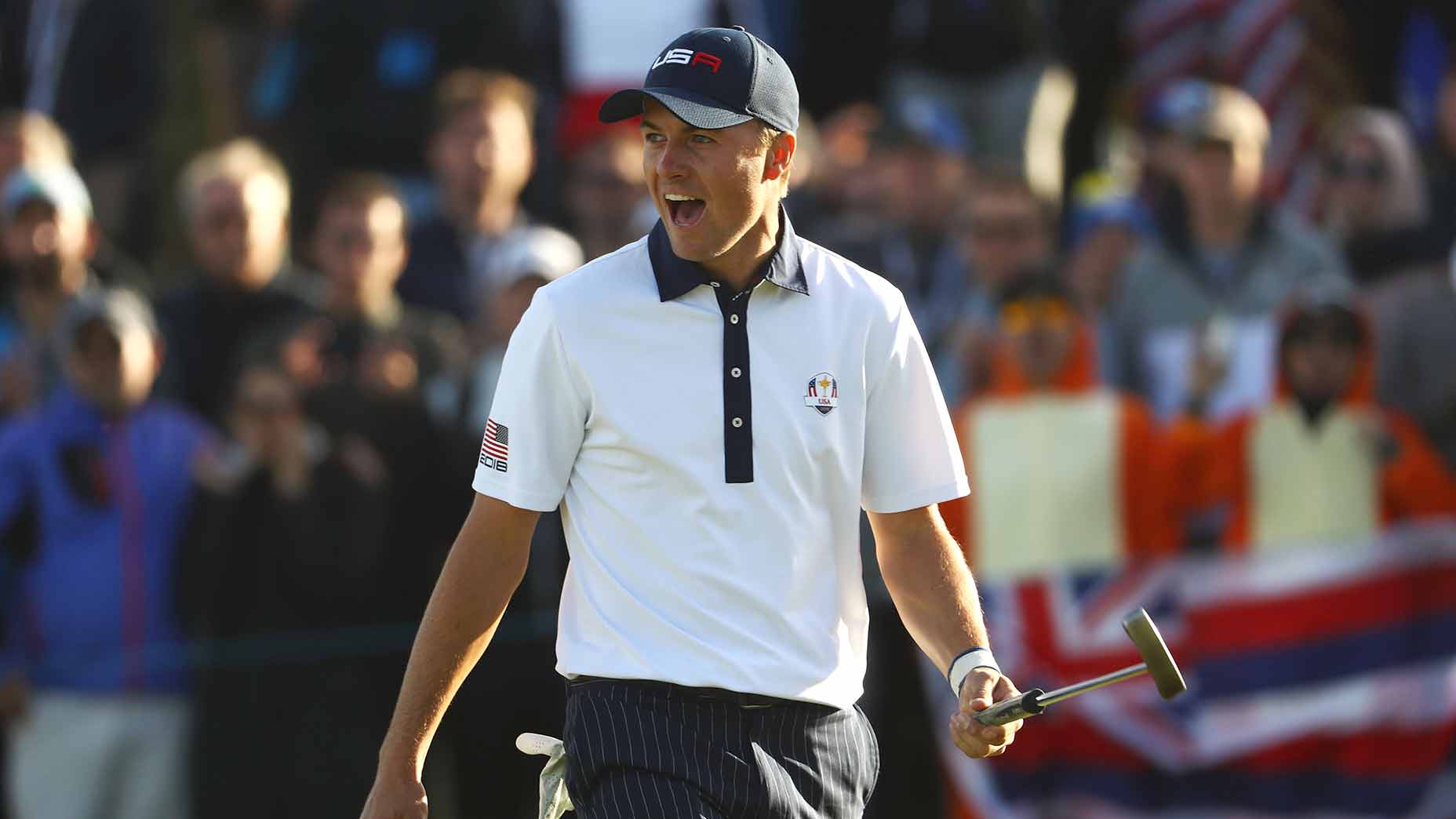 Jordan Spieth cheers at the 2018 Ryder Cup.