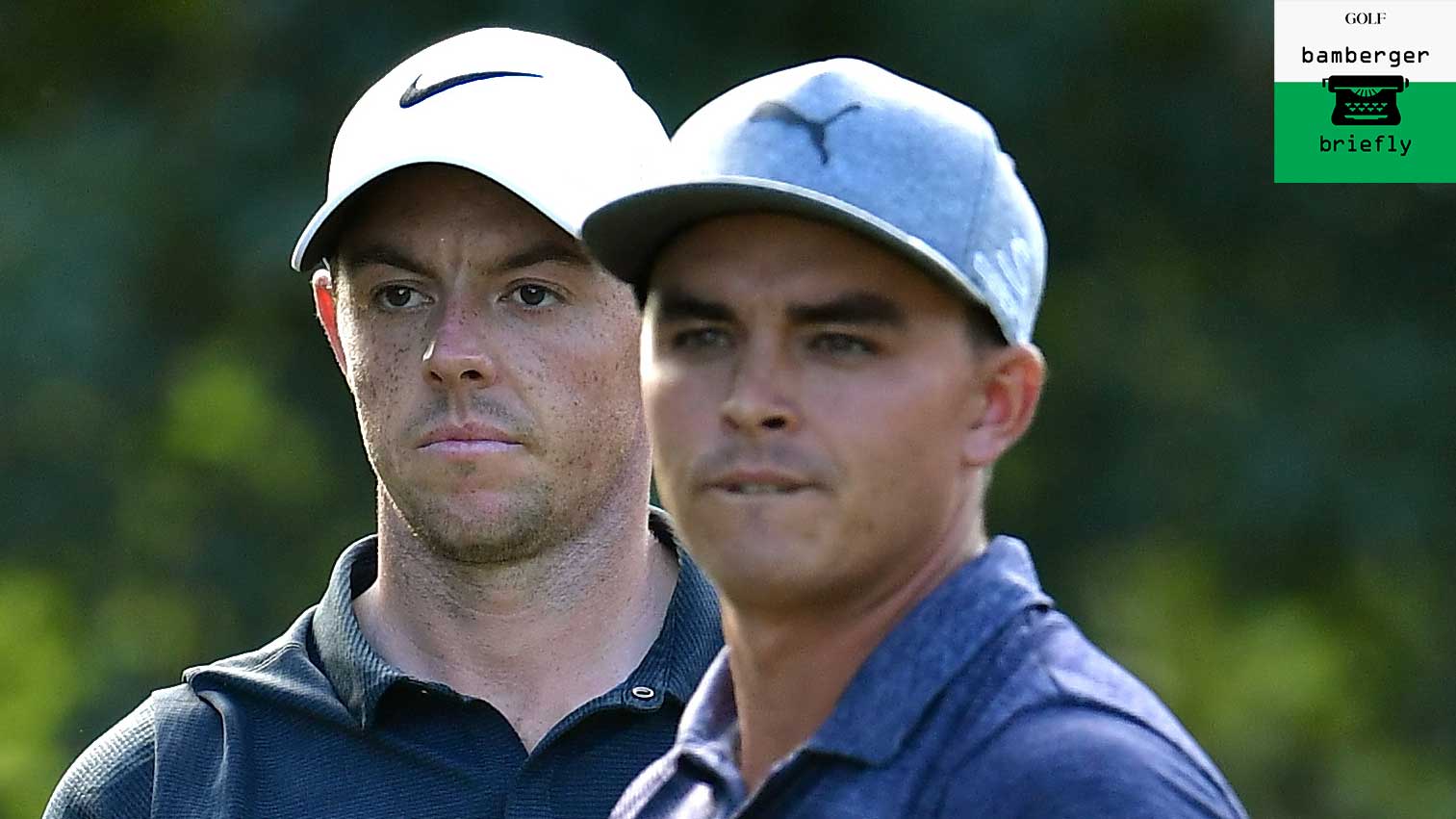 Rory McIlroy of Northern Ireland and Rickie Fowler of the United States prepare to tee off on the 16th tee during the first round of the 2017 PGA Championship at Quail Hollow Club on August 10, 2017 in Charlotte, North Carolina.