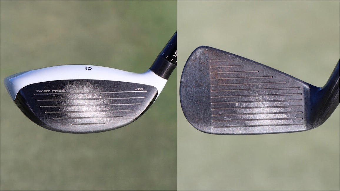 Wear marks on the face of Matt Kuchar's golf clubs.