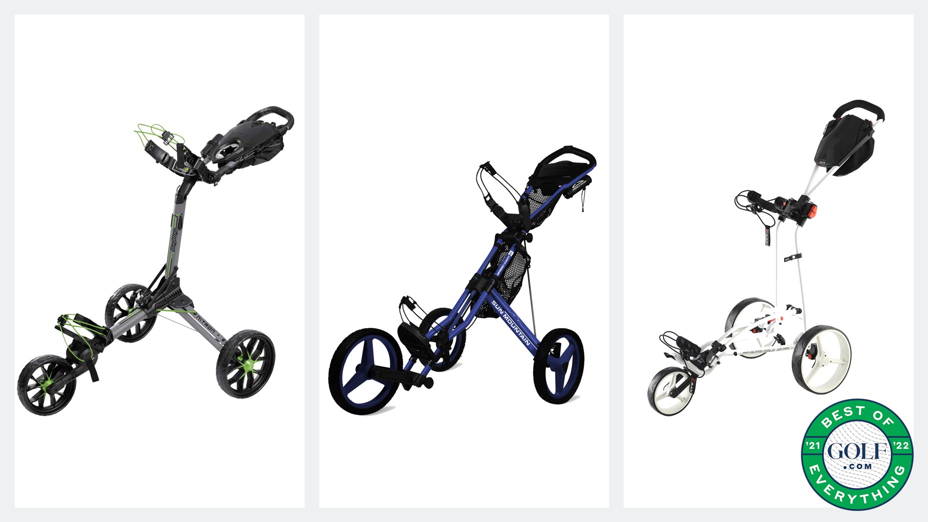 Three golf push carts displayed on a white background