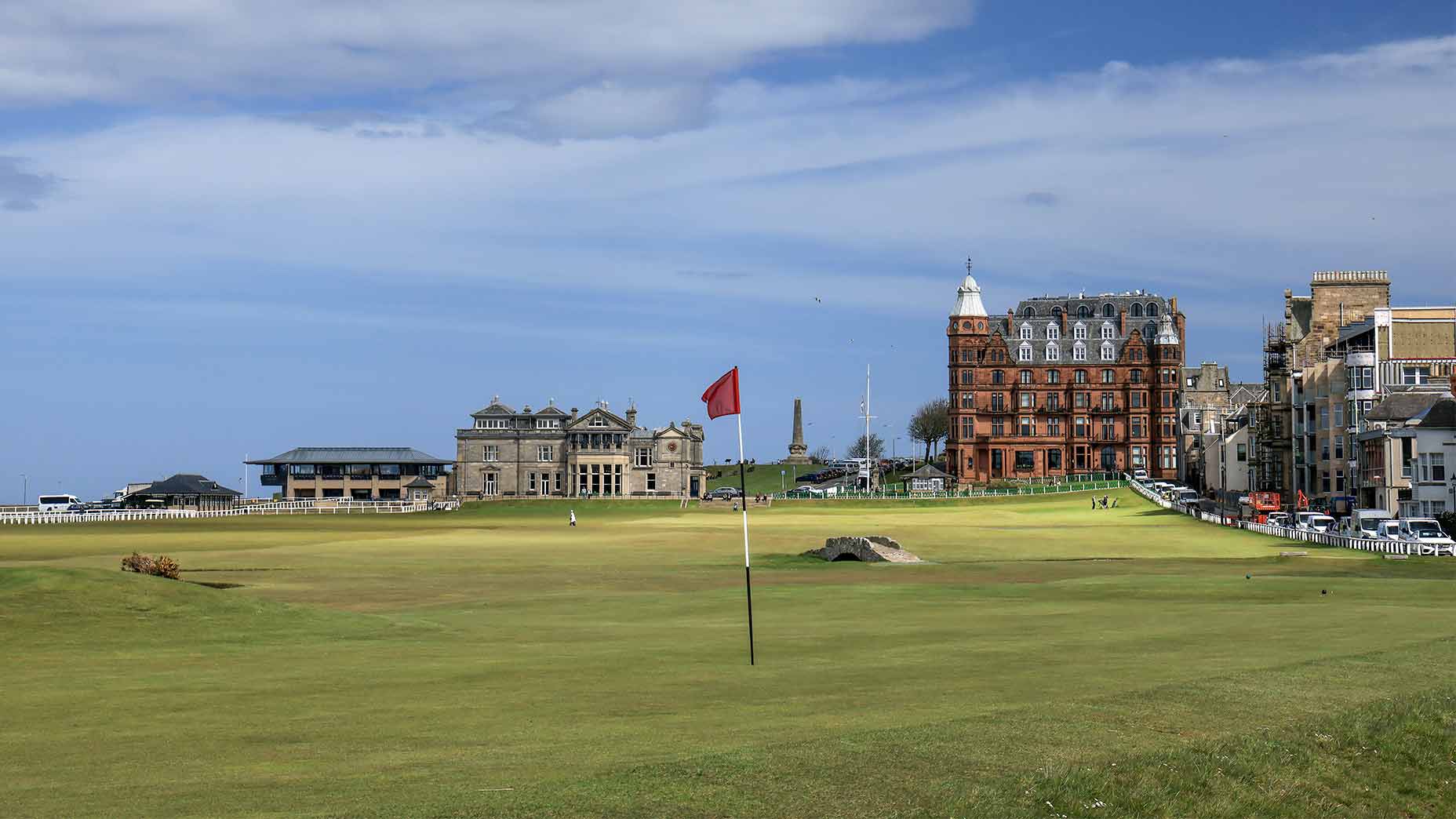The par-4 17th green, with the par-4 18th behind, at The Old Course at St Andrews.
