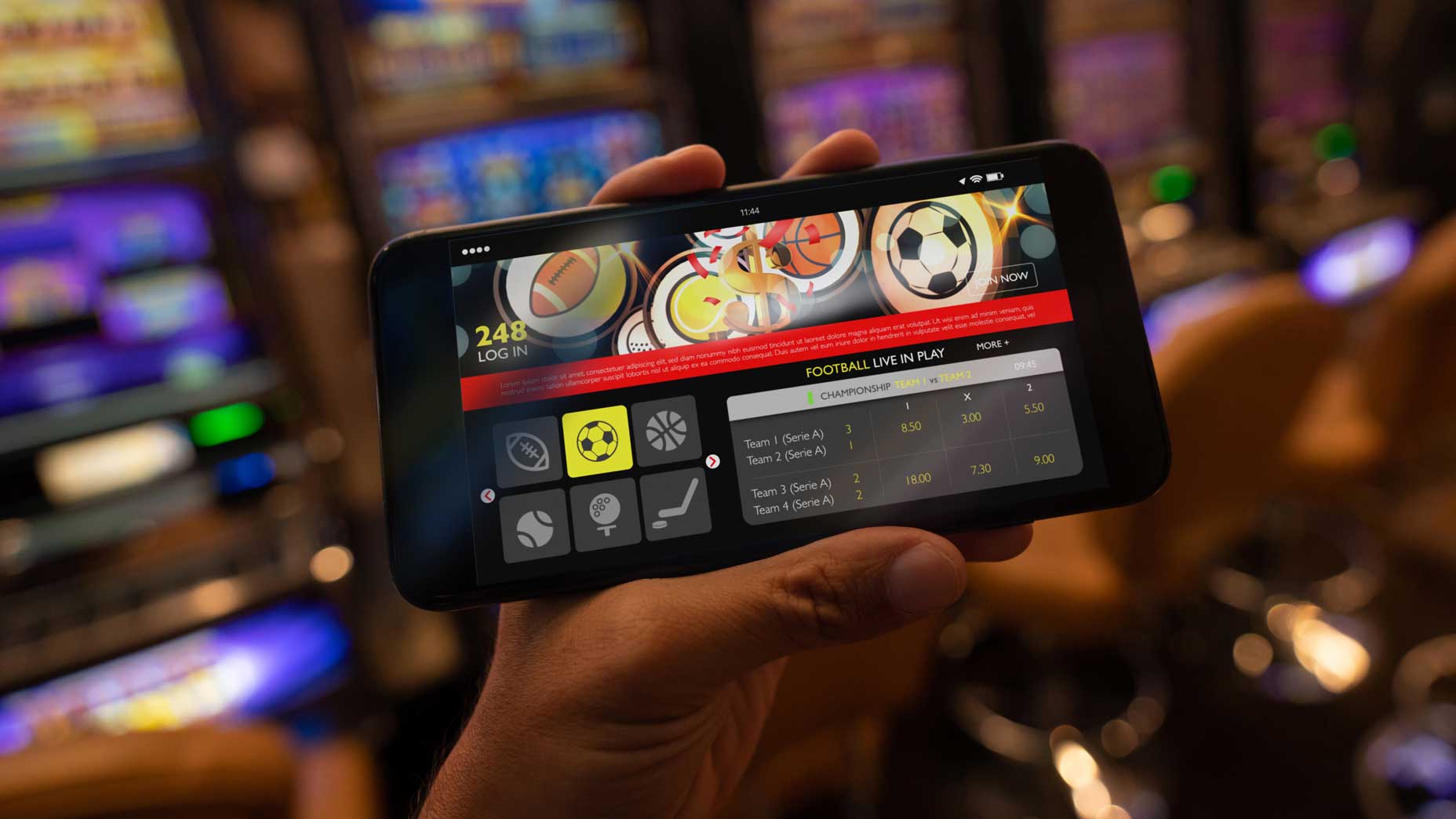 Person uses mobile golf betting app on their phone while inside a casino
