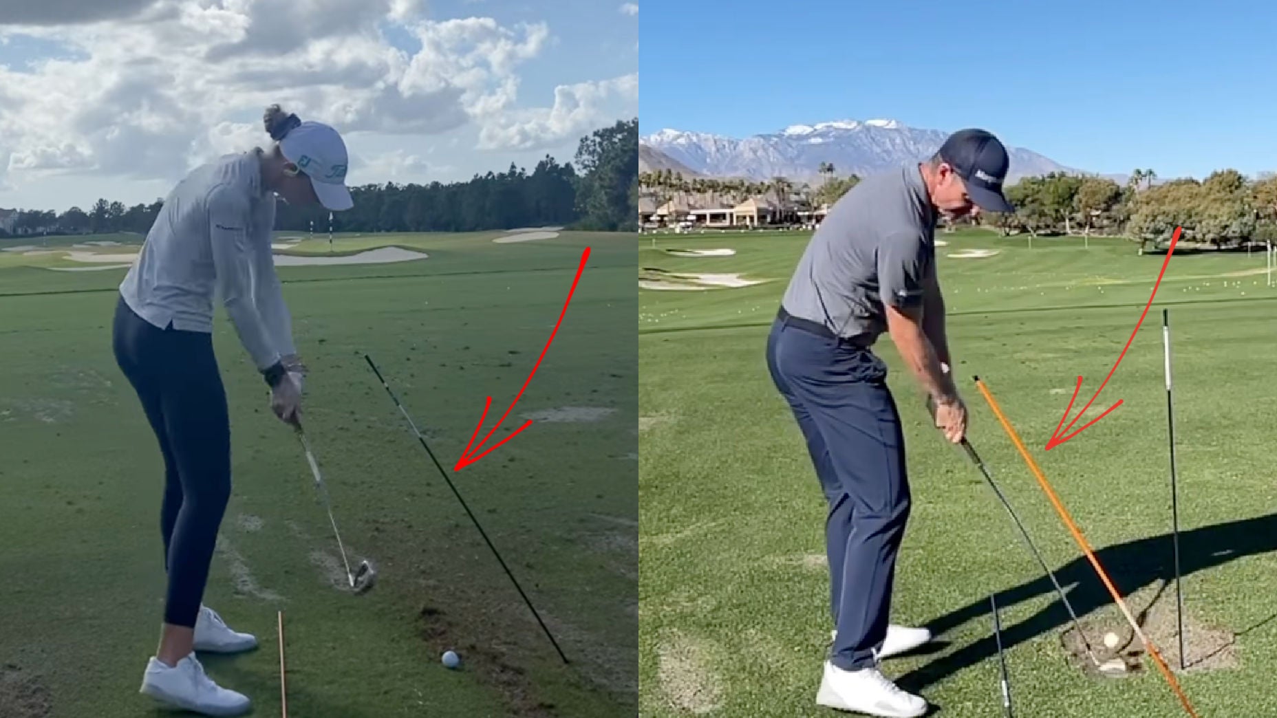 Nelly Korda and Justin Rose practice on range in split image