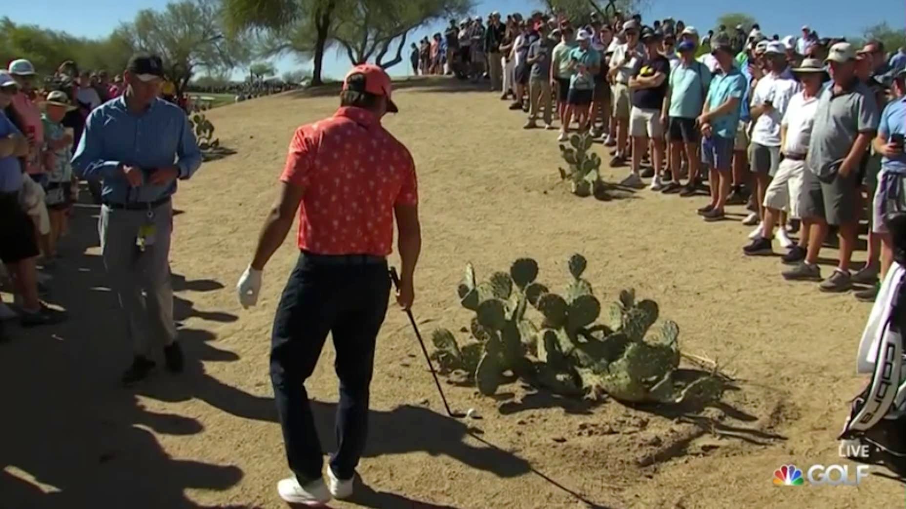 Rickie Fowler ran into a prickly situation on his fifth hole at the WM Phoenix Open.