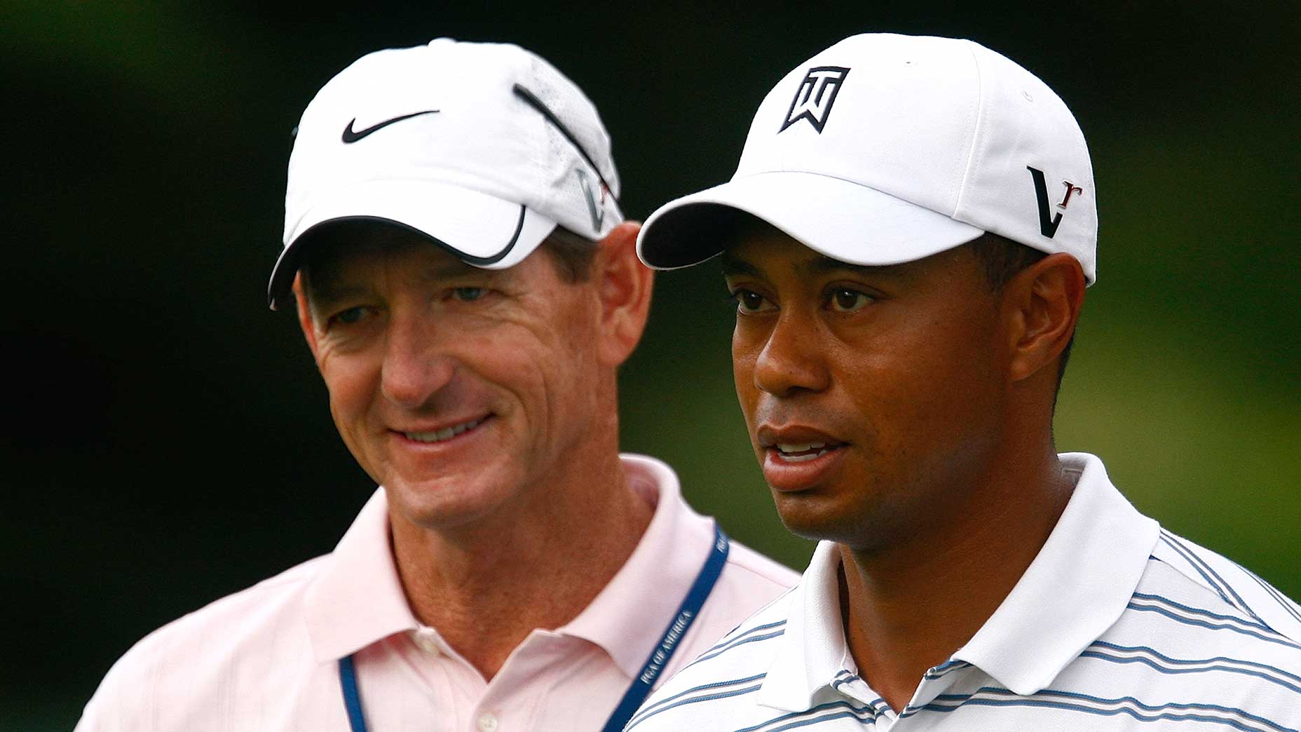 Tiger Woods and Hank Haney talk during the 2009 PGA Championship at Hazeltine in Minnesota.