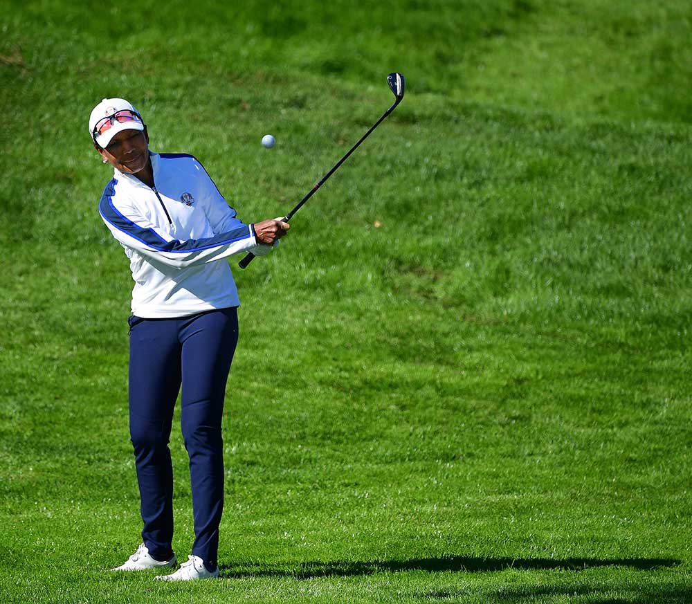 Condoleezza Rice plays a shot at the 2018 celebrity challenge during the Ryder Cup in Paris.