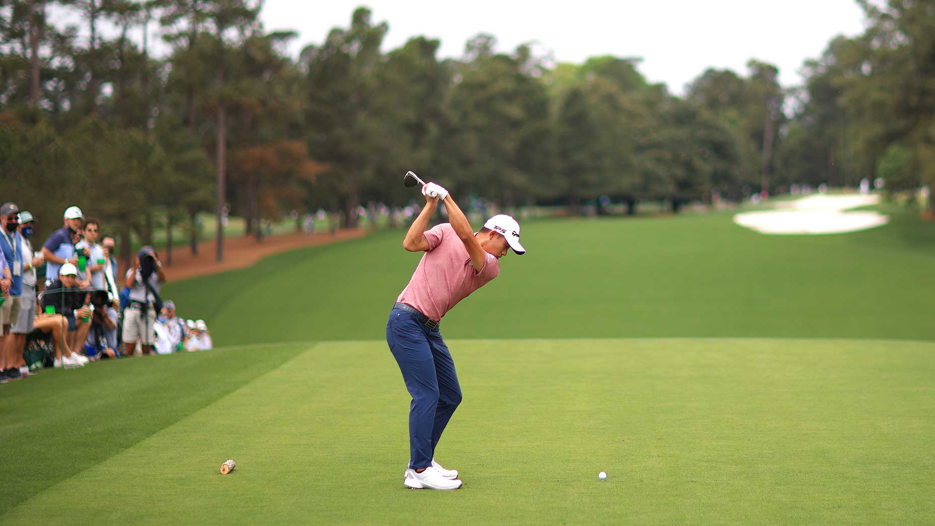 Collin Morikawa tees off during the third round of the 2021 Masters.
