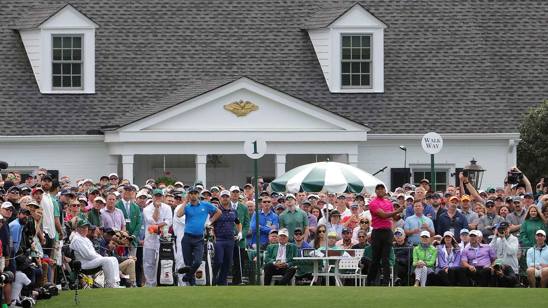 tiger woods swings tee shot masters