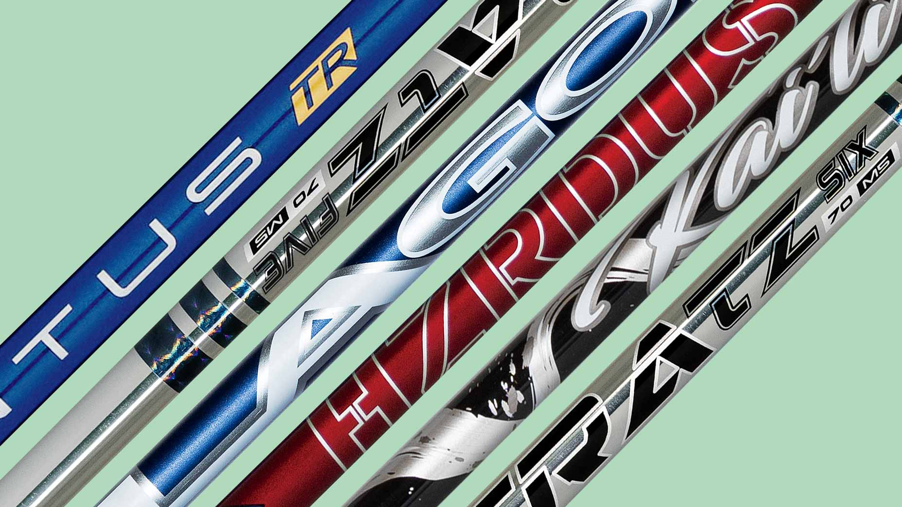 6 golf shafts against light blue background