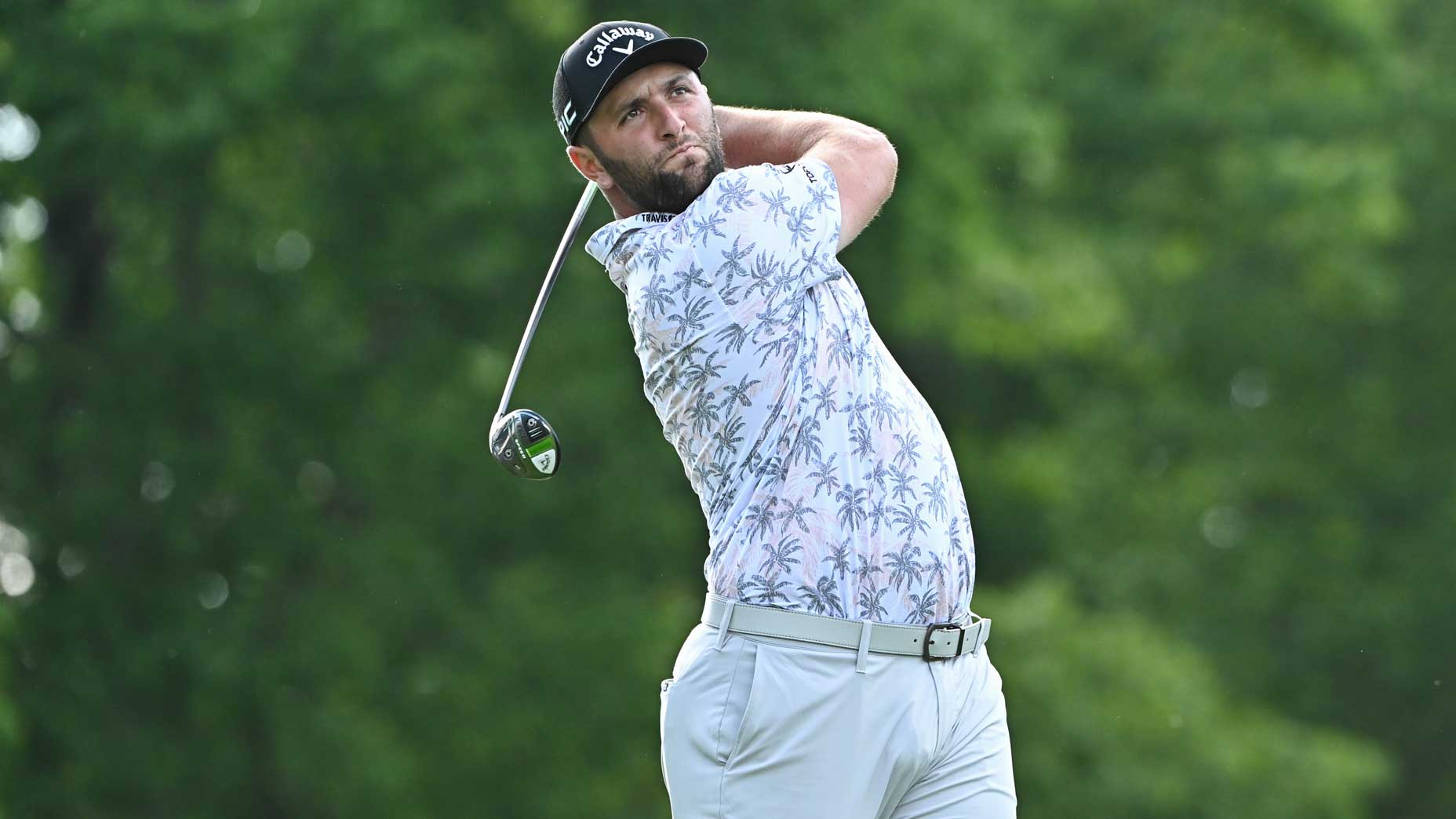 Jon Rahm hits drive during 2021 Memorial Tournament