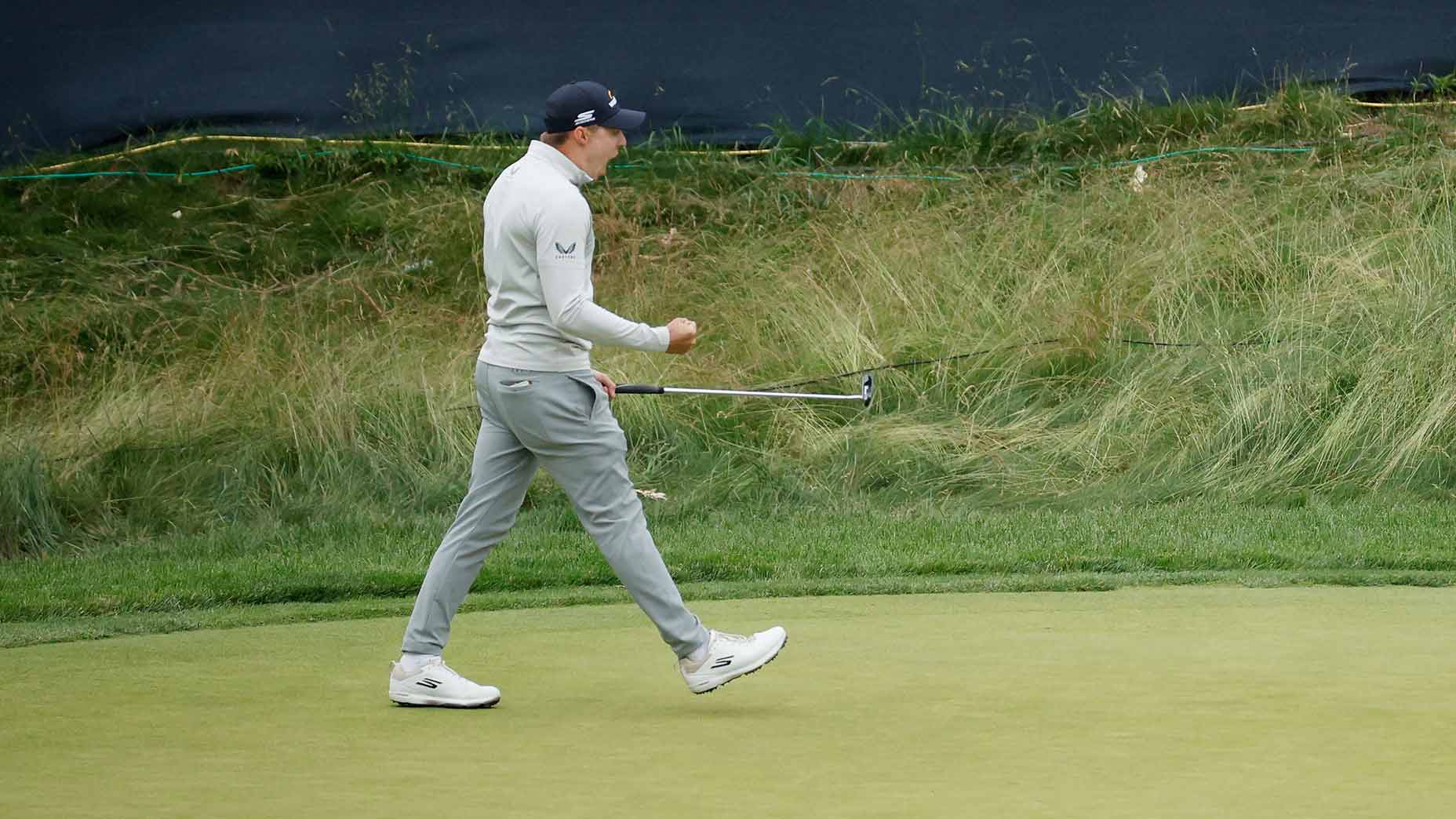 Matt Fitzpatrick celebrates after making a long birdie putt on the 13th hole on Sunday at The Country Club.