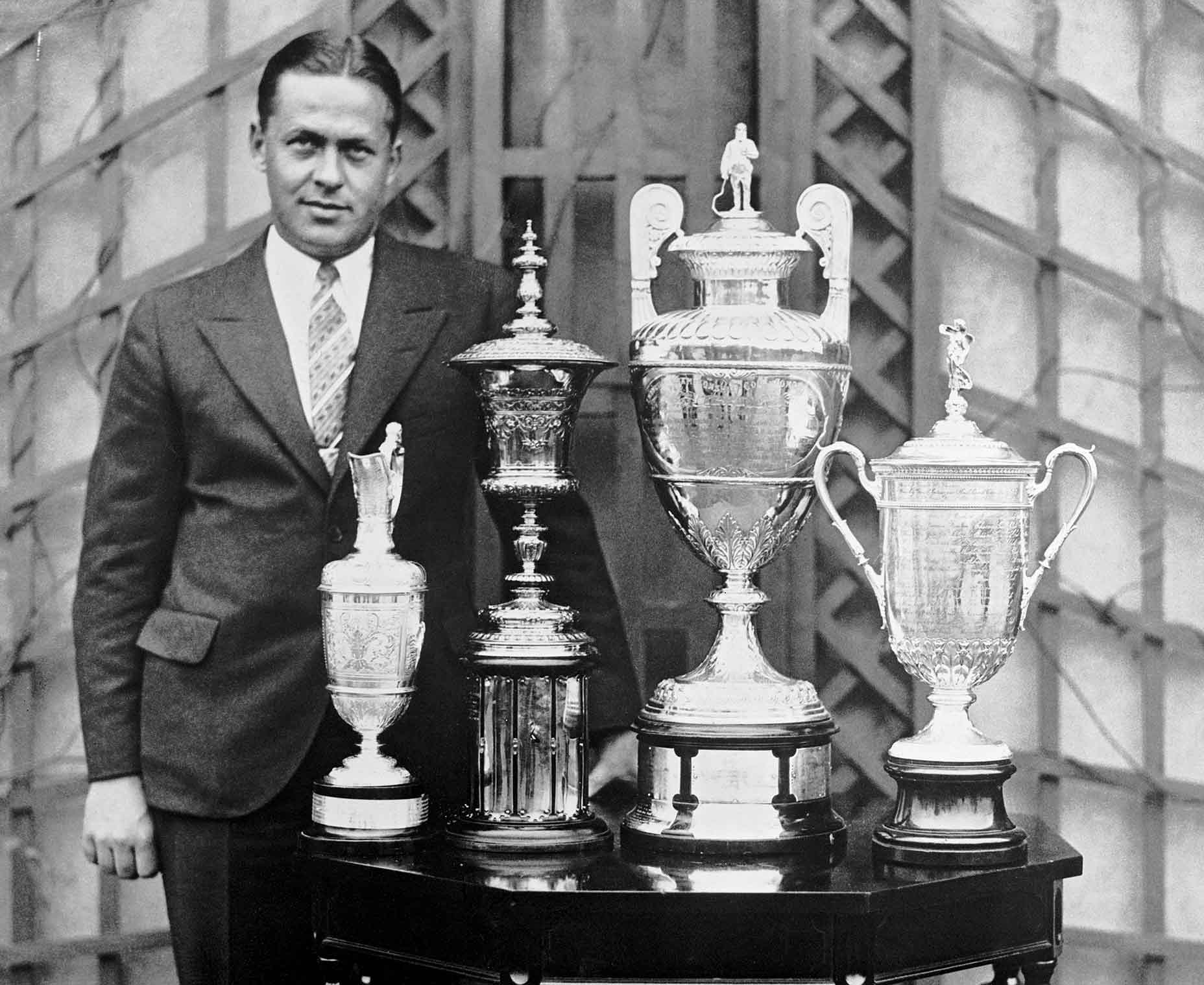 Bobby Jones with his grand slam trophies.