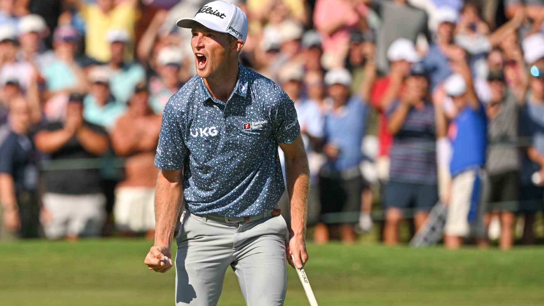 will zalatoris celebrates winning putt at 2022 FedEx St. Jude Championship