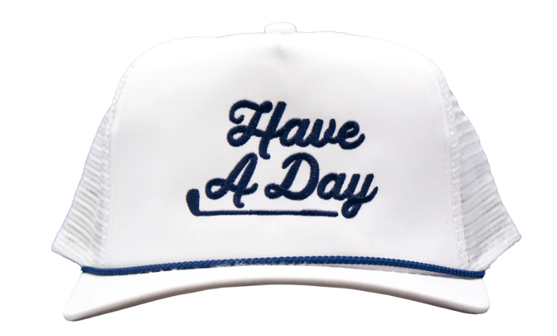White hat, blue rope, navy lettering