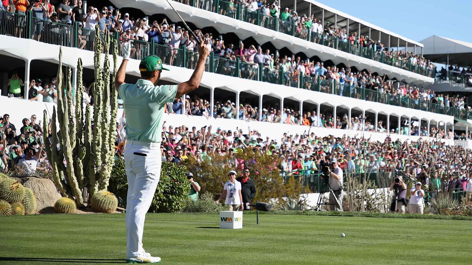 Rickie Fowler reacts to the crowd on the 16th hole during the third round of the Waste Management Open at TPC Scottsdale on February 01, 2020 in Scottsdale, Arizona.