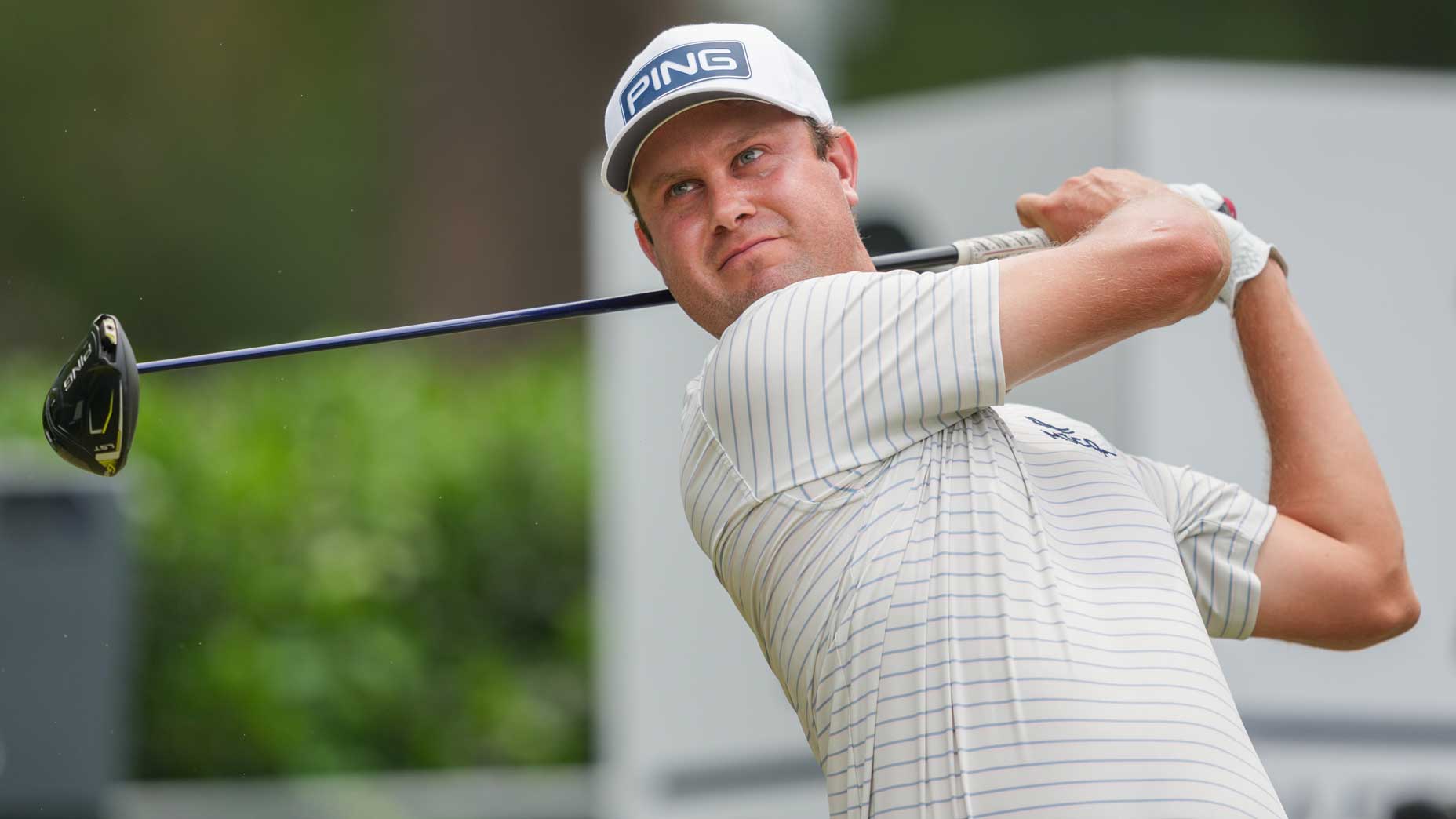 Harris English of the United States tees off on hole #2 during Round Three of the Charles Schwab Challenge at Colonial Country Club on May 27, 2023 in Ft. Worth, Texas.