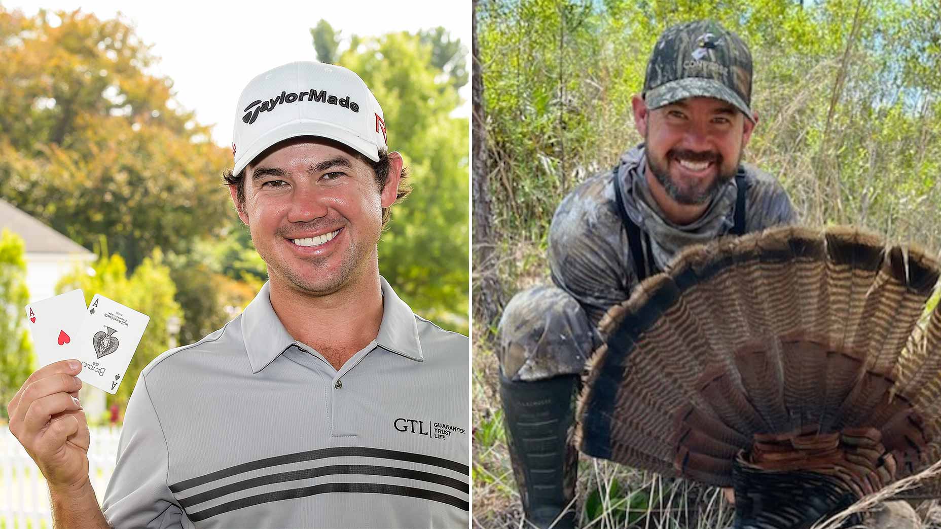 Brian Harman poses with two aces after carding two holes-in-one in the final round of The Barclays at Plainfield Country Club on August 30, 2015 in Edison, New Jersey.