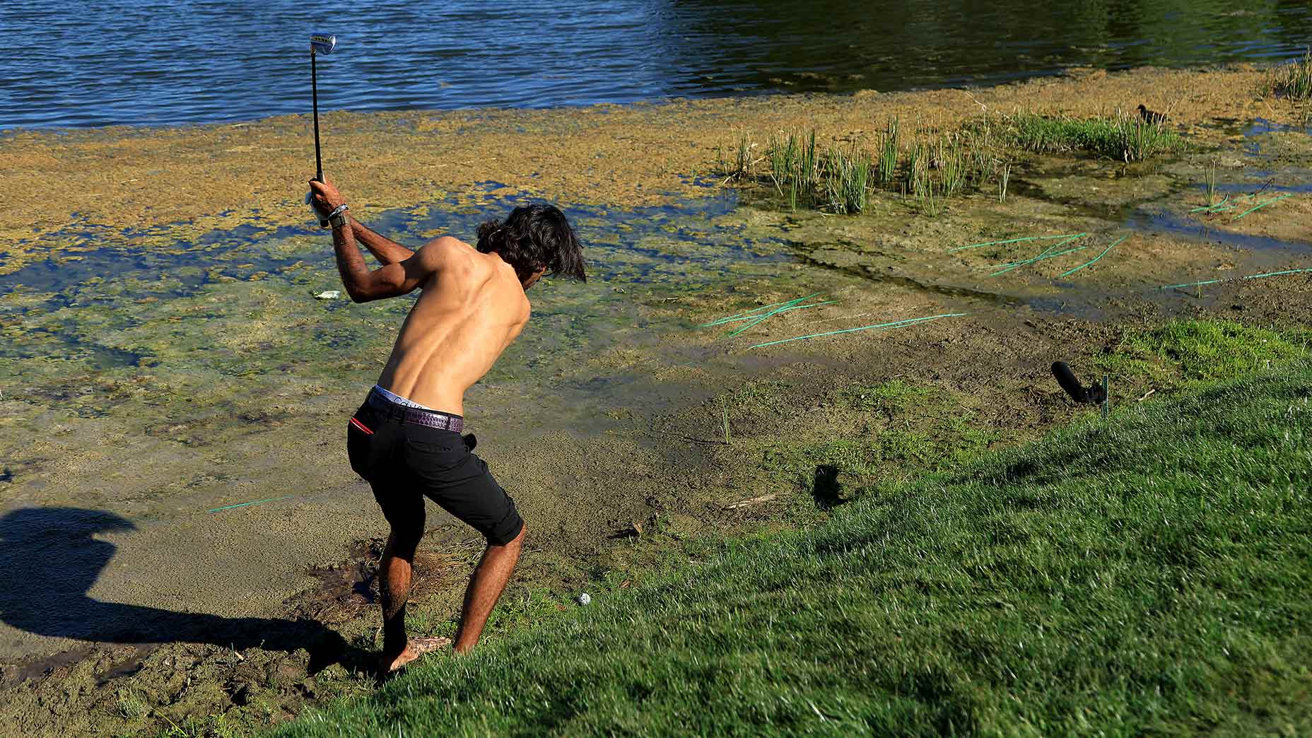 Akshay Bhatia plays from the water during the third round of the 2023 Honda Classic.