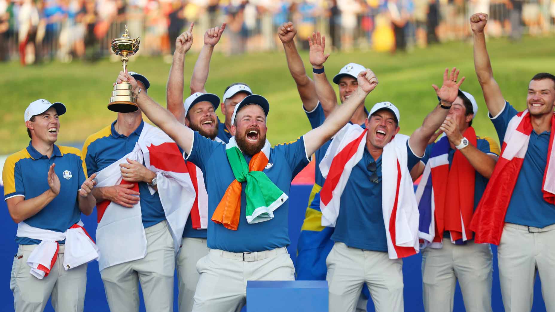 Pro golfer Shane Lowry celebrates 2023 Ryder Cup victory in Rome.