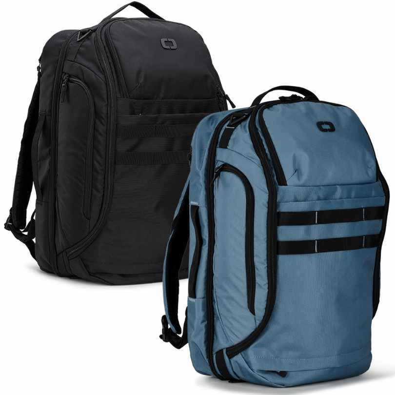 OGIO PACE PRO MAX TRAVEL BAG in both black and blue color options.