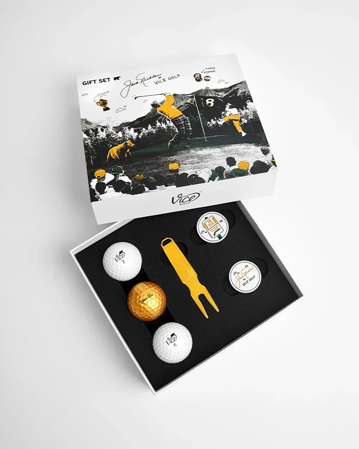 VICE GIFT SET JACK NICKLAUS&trade; - VICE PRO BEAR WHITE golf balls, VICE PRO BEAR GOLD golf ball, Special edition VICE GATOR GOLD pitch repair tool, Special edition ball markers