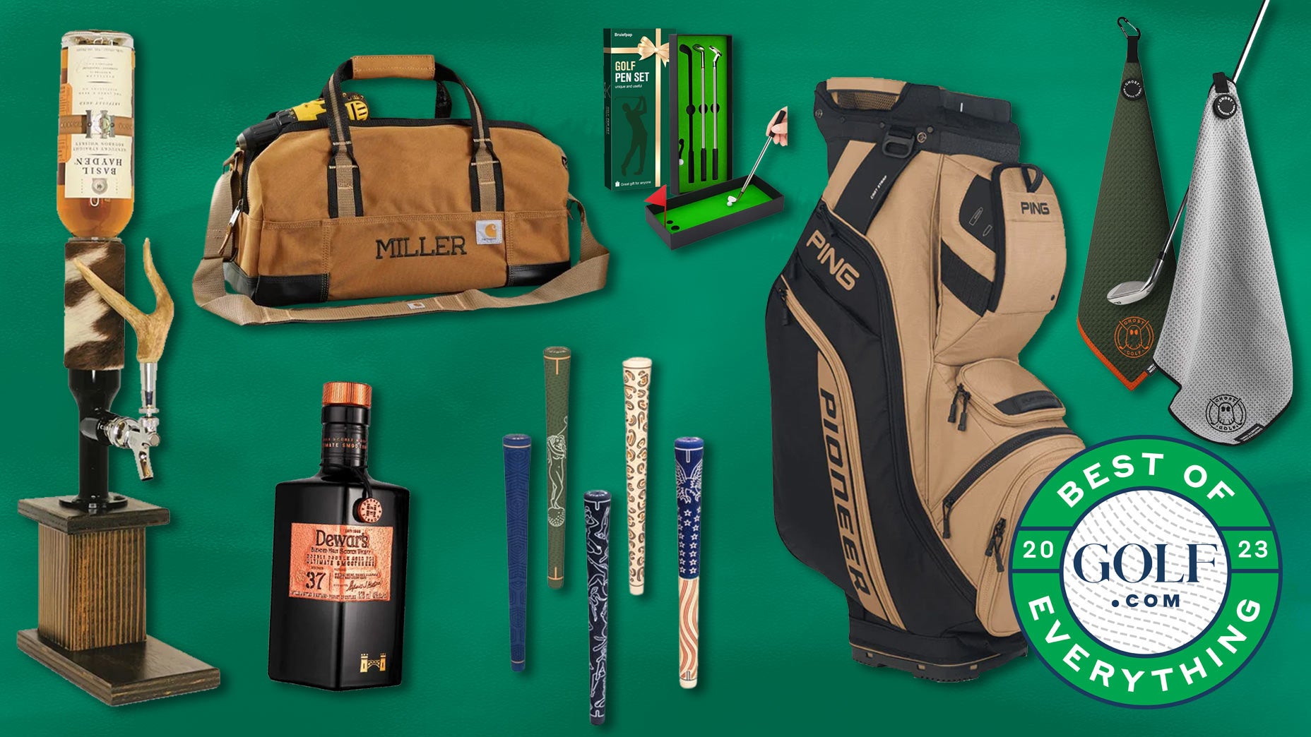 Various golf gifts including a Carhart travel bag, a Ping golf club cart bag, various grips, Dewars Whiskey, A golf pen set and more.