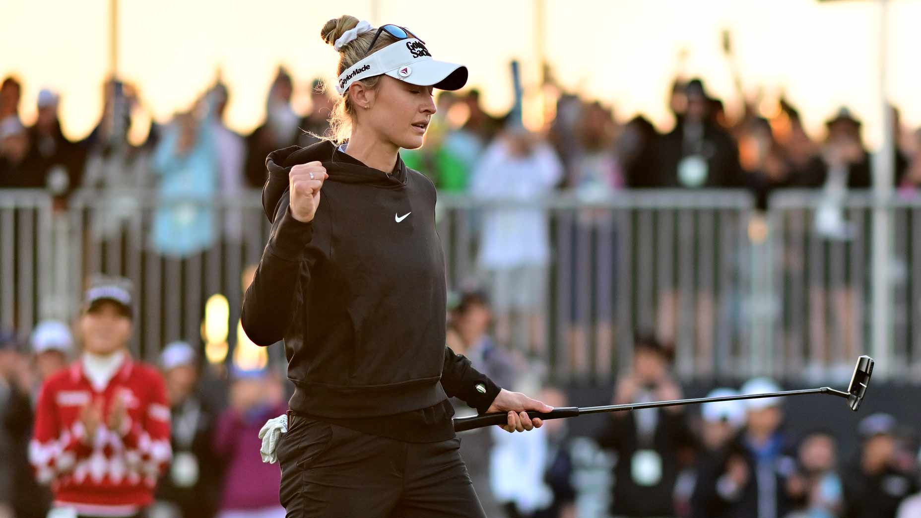 Nelly Korda celebrates after winning the Drive On Championship.