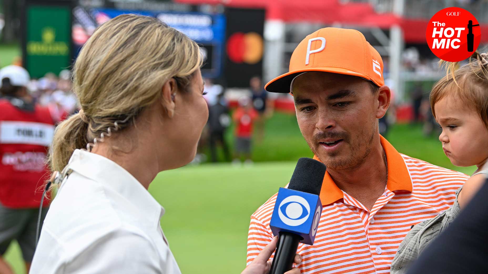 amanda balionis interviews rickie fowler with CBS logo at rocket mortgage classic