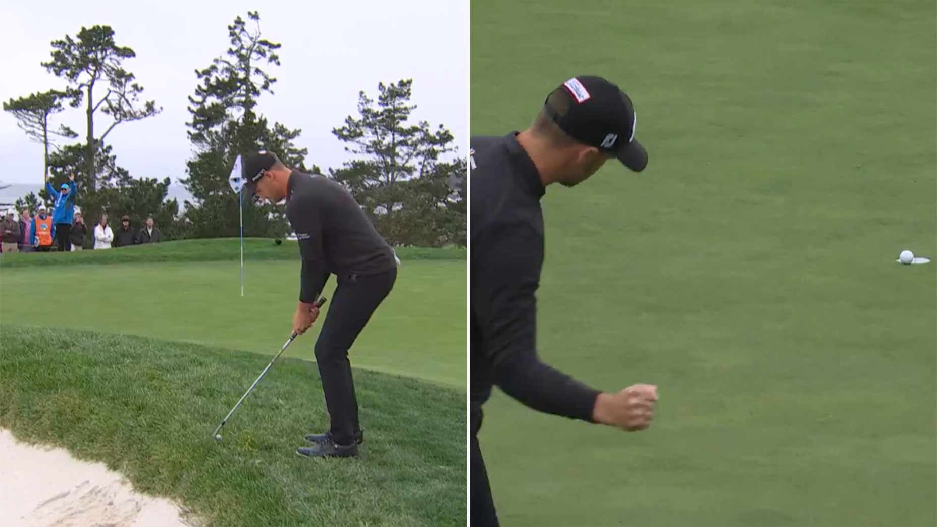 Wyndham Clark hits a shot left handed then celebrates a putt on the 12th hole at Pebble Beach.