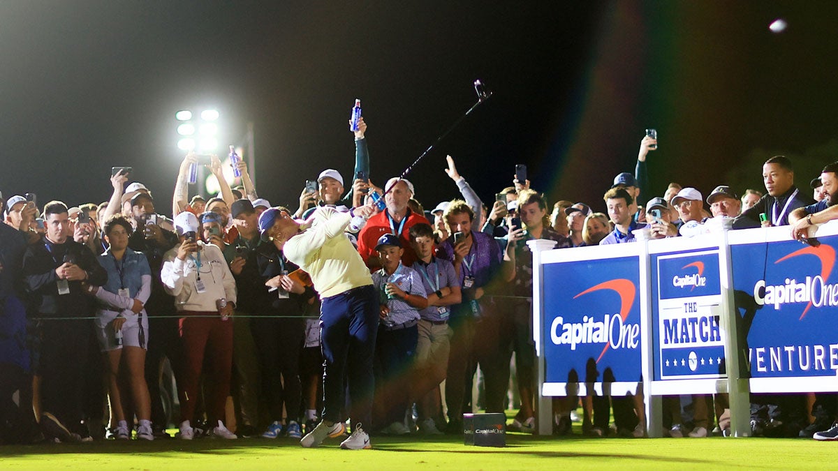 Charles Barkley and Rory McIlroy hitting tee shot during Capital One's The Match IX at The Park West Palm