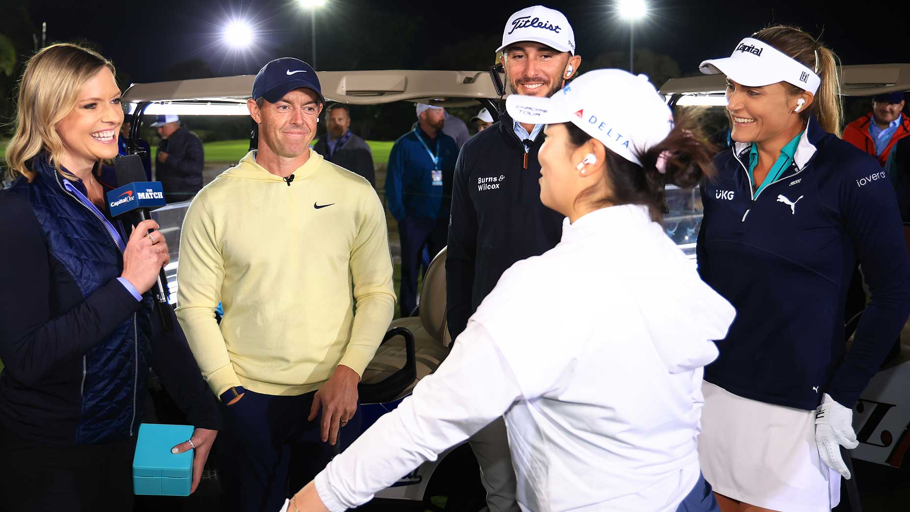 rose zhang max homa rory mcilroy lexi thompson and kathryn tappen do an interview for the match