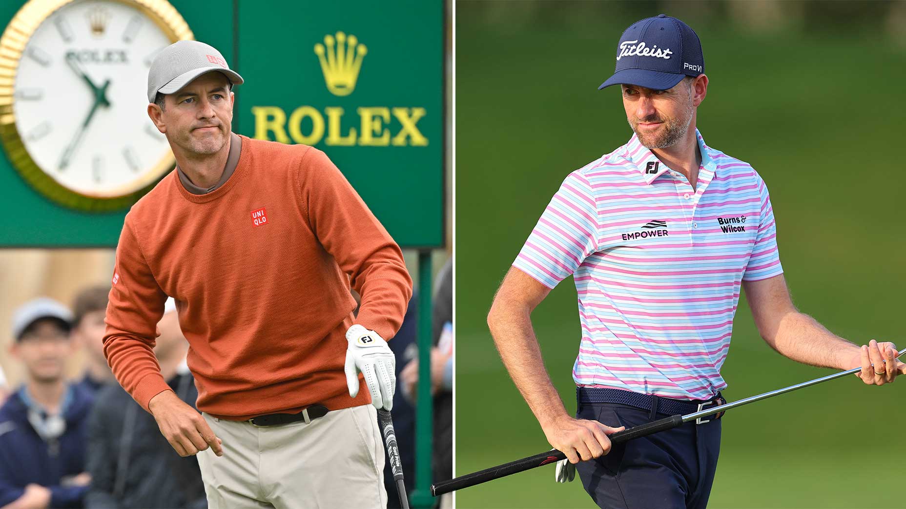 A split image of Adam Scott and Webb Simpson.