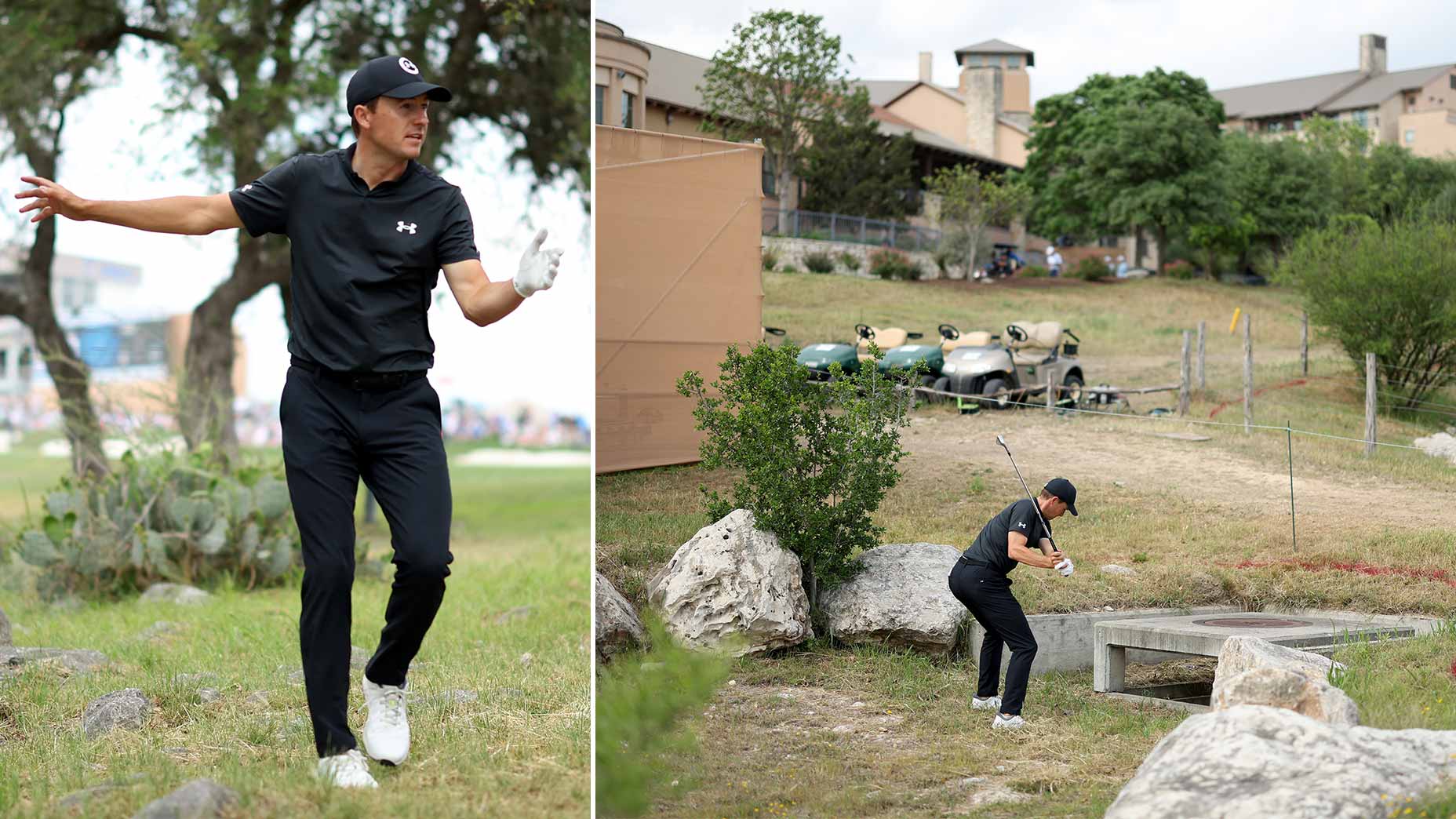 Jordan Spieth hits a ball at a clubhouse.